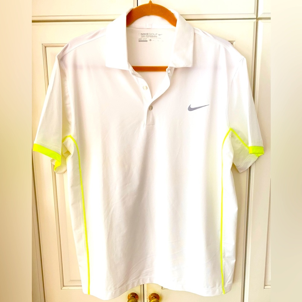 Nike Golf Polo Shirt White neon yellow pipes Dri-FIT Men's XL short sleeve